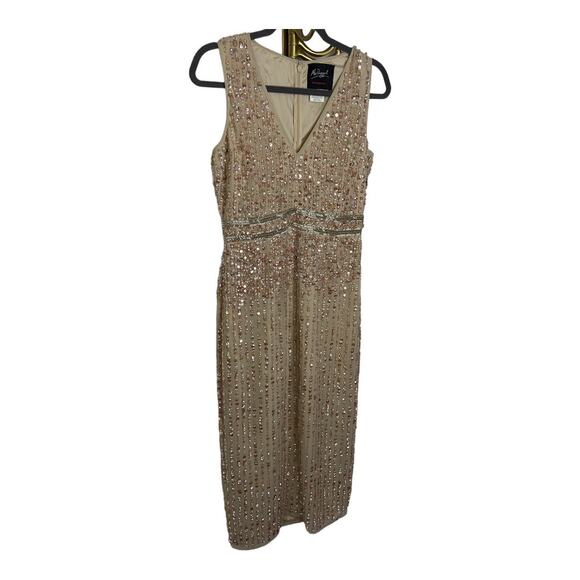Mac Duggal 93606 Sequined Sleeveless V Neck Midi Sheath Dress Cocktail Nude Sz 6 - Picture 4 of 15